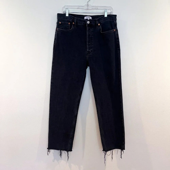 REDONE Straight Leg High Waist Black Denim Raw Hem Button Fly Designer Jeans 31 - Picture 2 of 8